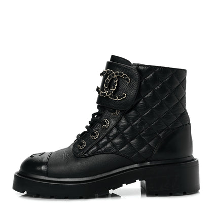 Chanel Shiny Calfskin Quilted Lace Up Combat Boots 36.5 Black 1 of 8