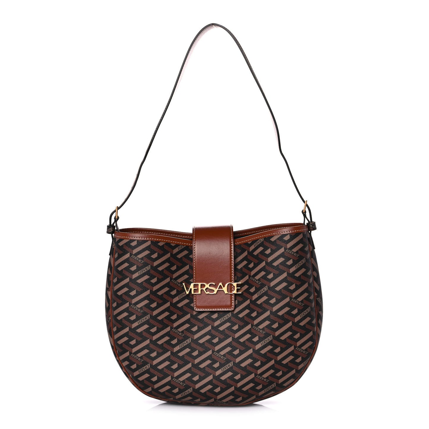 Coated Canvas Calfskin La Greca Signature Shoulder Bag Black Caramel