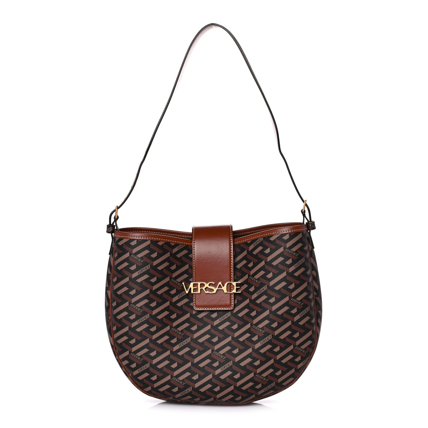 Versace Coated Canvas Calfskin La Greca Signature Shoulder Bag Black Caramel 1 of 12