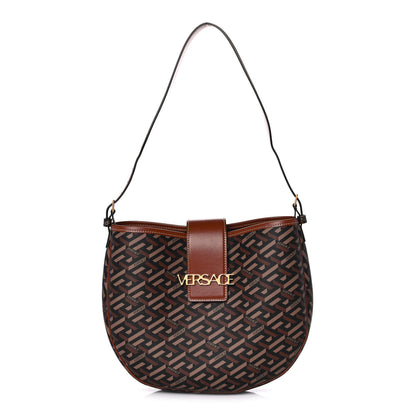 Versace Coated Canvas Calfskin La Greca Signature Shoulder Bag Black Caramel 1 of 12