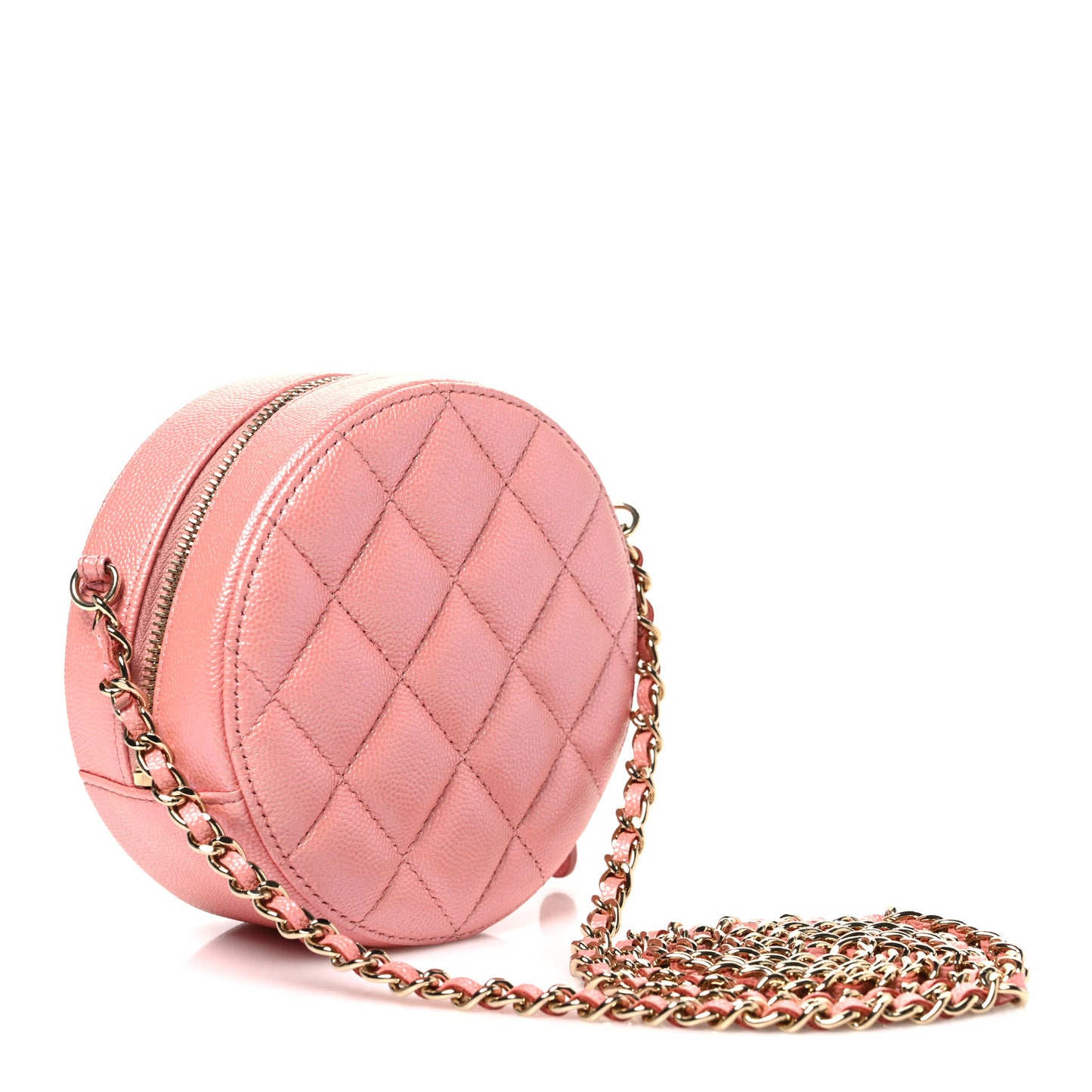 Iridescent Caviar Resin Quilted Round Clutch With Chain Pink
