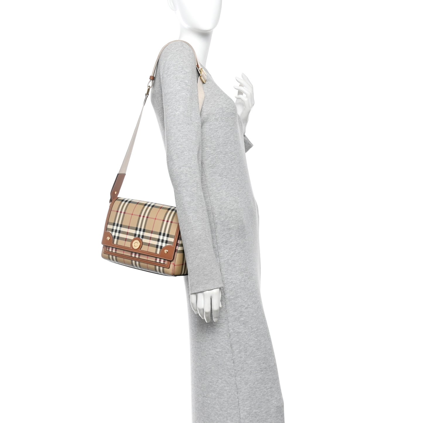 Coated Canvas Calfskin Vintage Check Medium Note Crossbody Bag Briar Brown