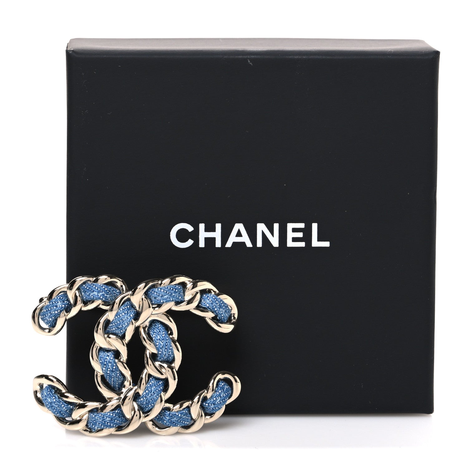 Chanel Metal Denim Braided CC Brooch Blue Gold 4 of 4