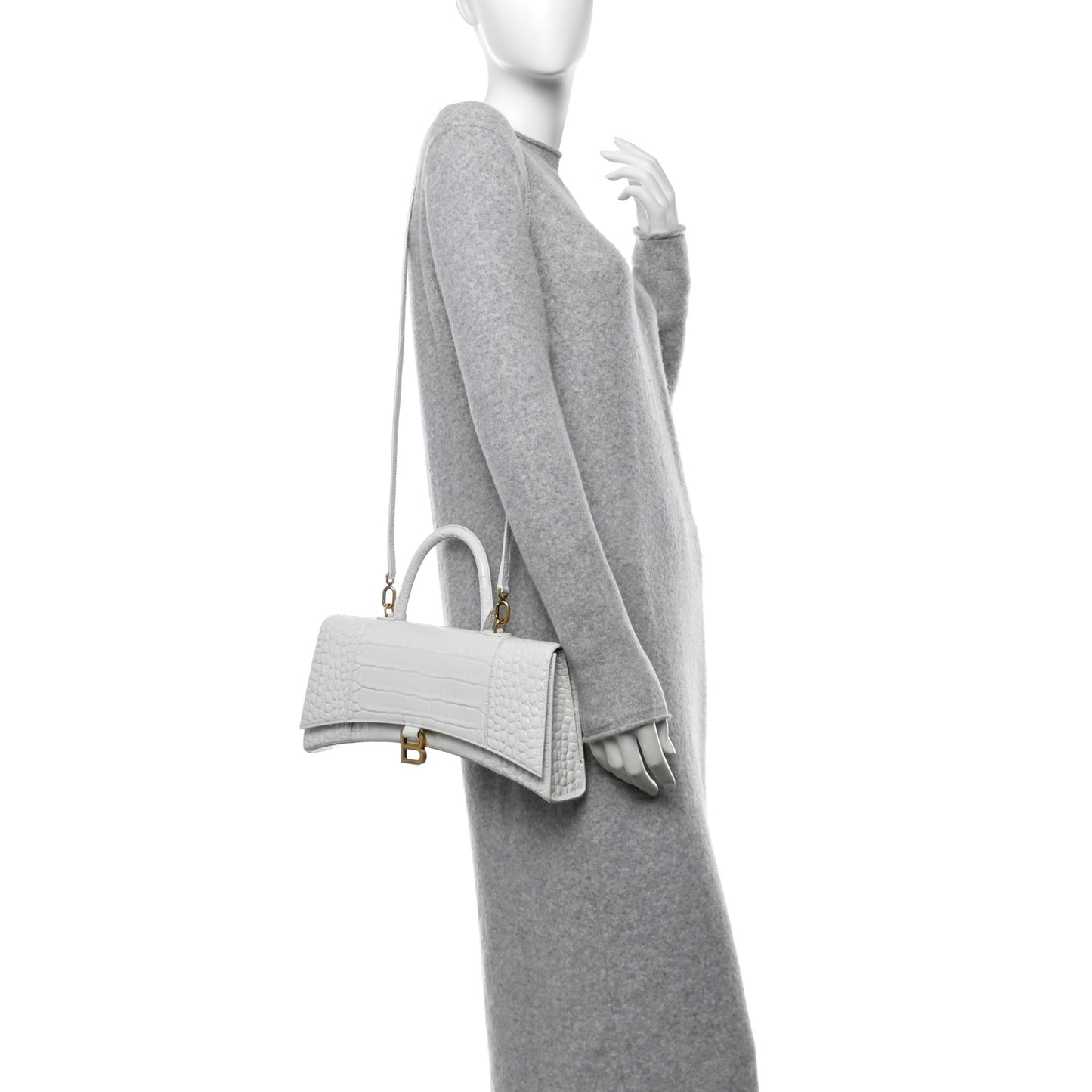 Shiny Calfskin Crocodile Embossed Tonal B Hourglass Stretch Top Handle Bag White