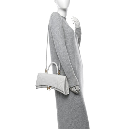 Balenciaga Shiny Calfskin Crocodile Embossed Tonal B Hourglass Stretch Top Handle Bag White 2 of 11