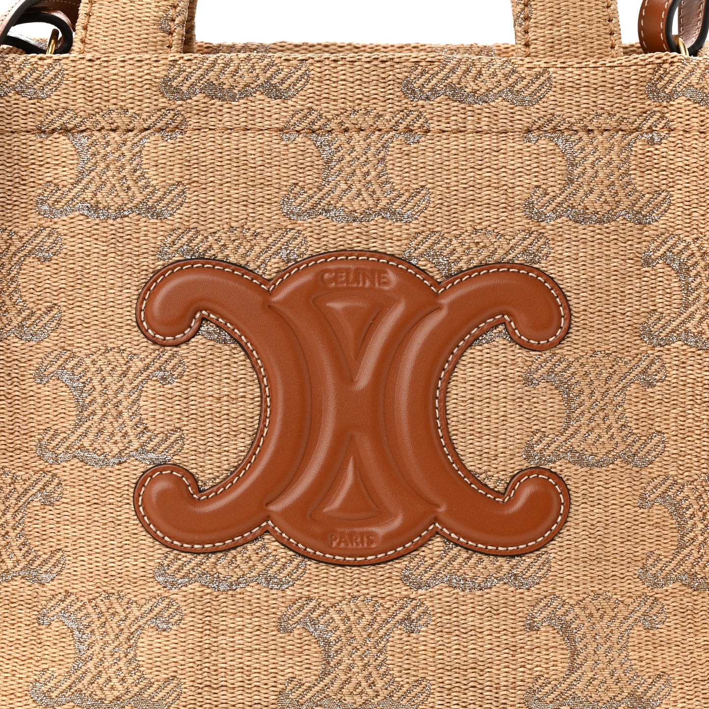Raffia Effect Calfskin Triomphe Jacquard Small Cabas Thais Natural Black