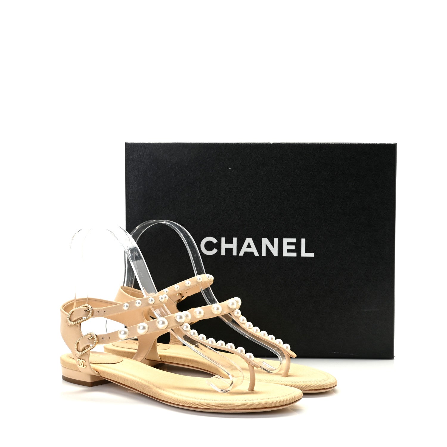 Chanel Lambskin Pearl Thong Sandals 37.5 Beige 10 of 10