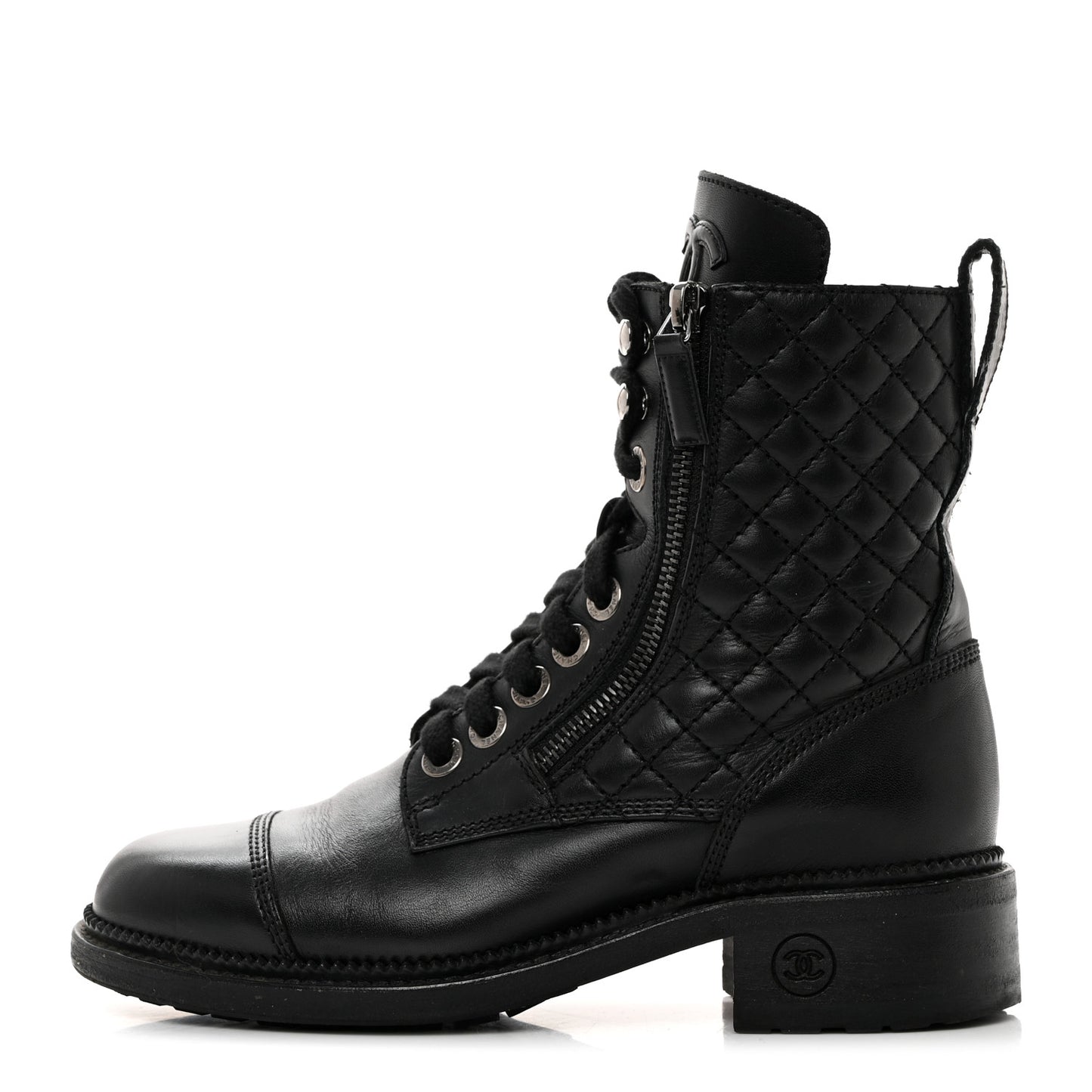 Calfskin Quilted Lace Up Combat Boots 36 Black