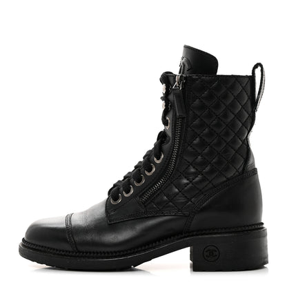 Chanel Calfskin Quilted Lace Up Combat Boots 36 Black 1 of 8