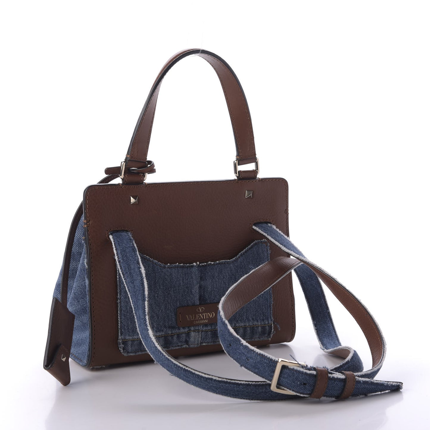Calfskin Denim Rockstud Small Joylock Satchel Blue