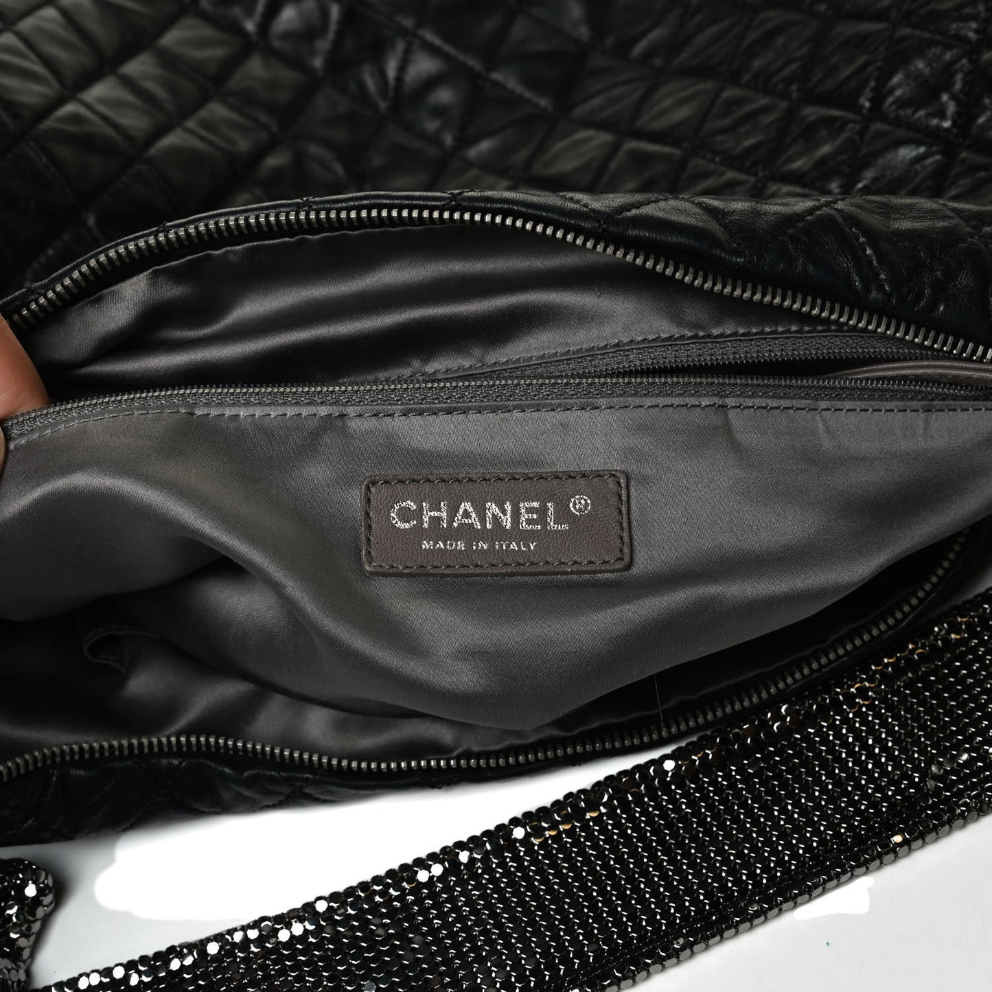 Lambskin Large Chain Mail Hobo Black