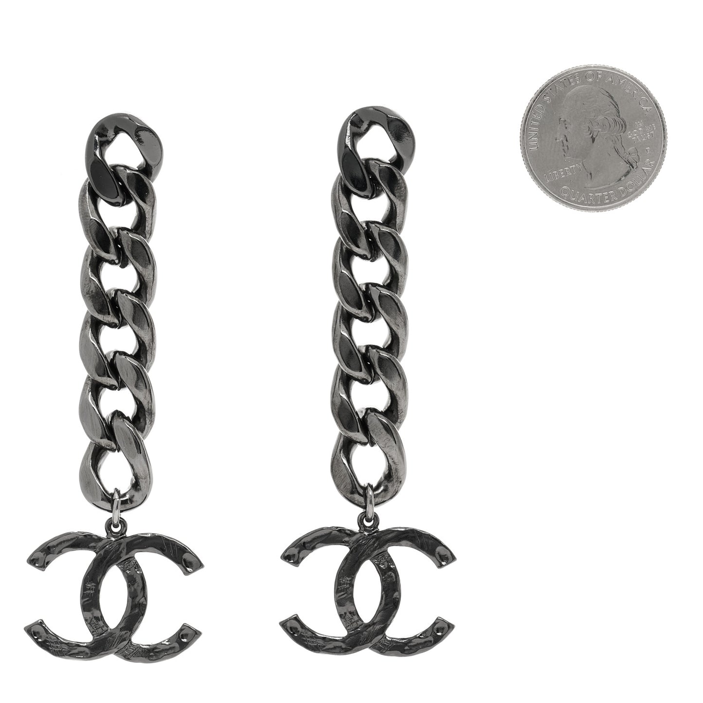 Metal CC Pick Drop Earrings Ruthenium