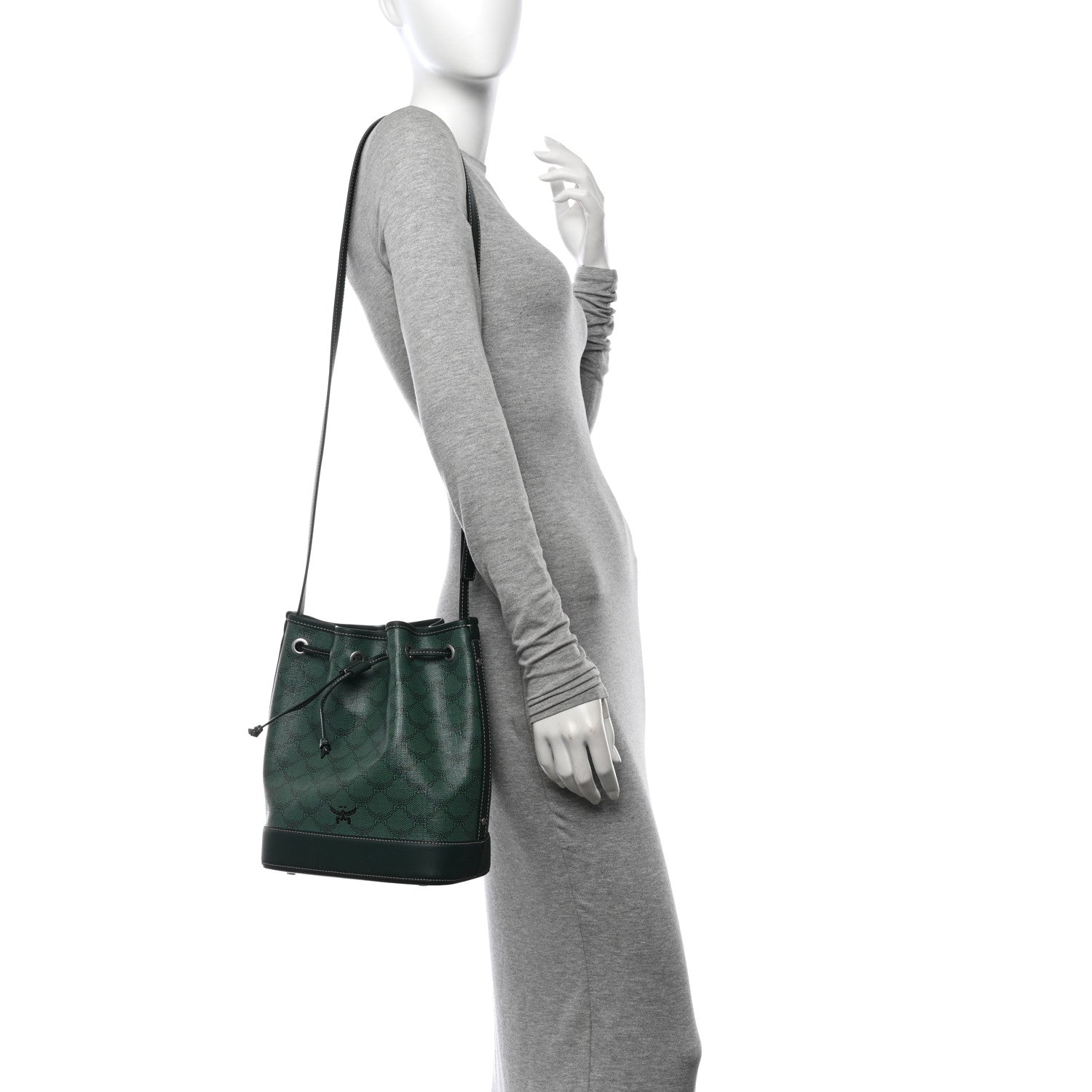 MCM Lauretos Spanish Calfskin Medium Himmel Drawstring Bucket Bag Forest Green 2 of 12