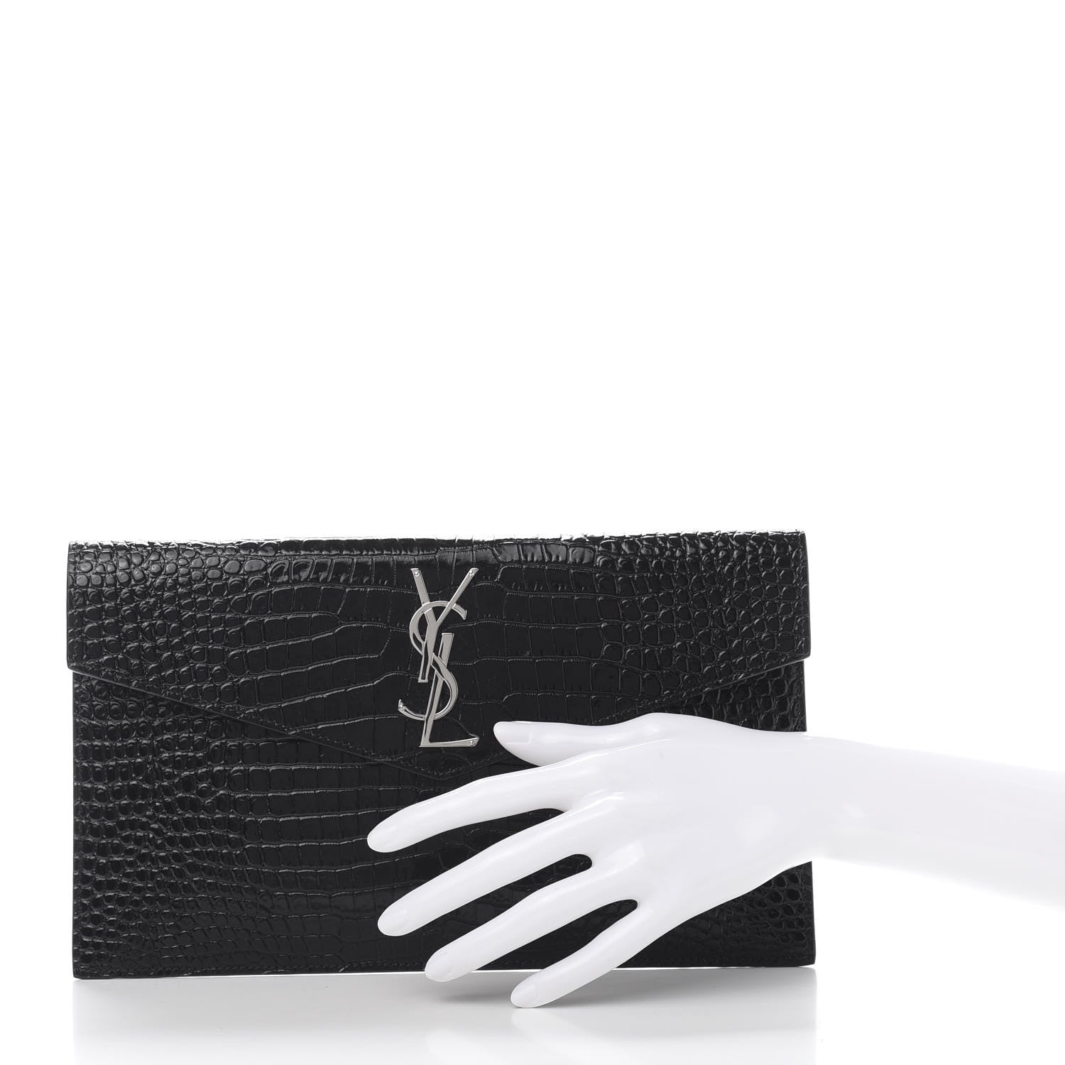 Saint Laurent Calfskin Crocodile Embossed Uptown Monogram Clutch Black 2 of 10