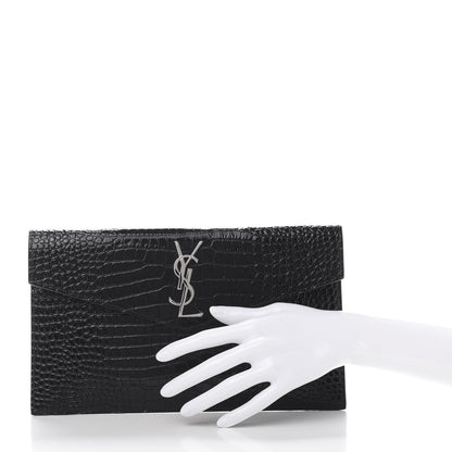 Saint Laurent Calfskin Crocodile Embossed Uptown Monogram Clutch Black 2 of 10