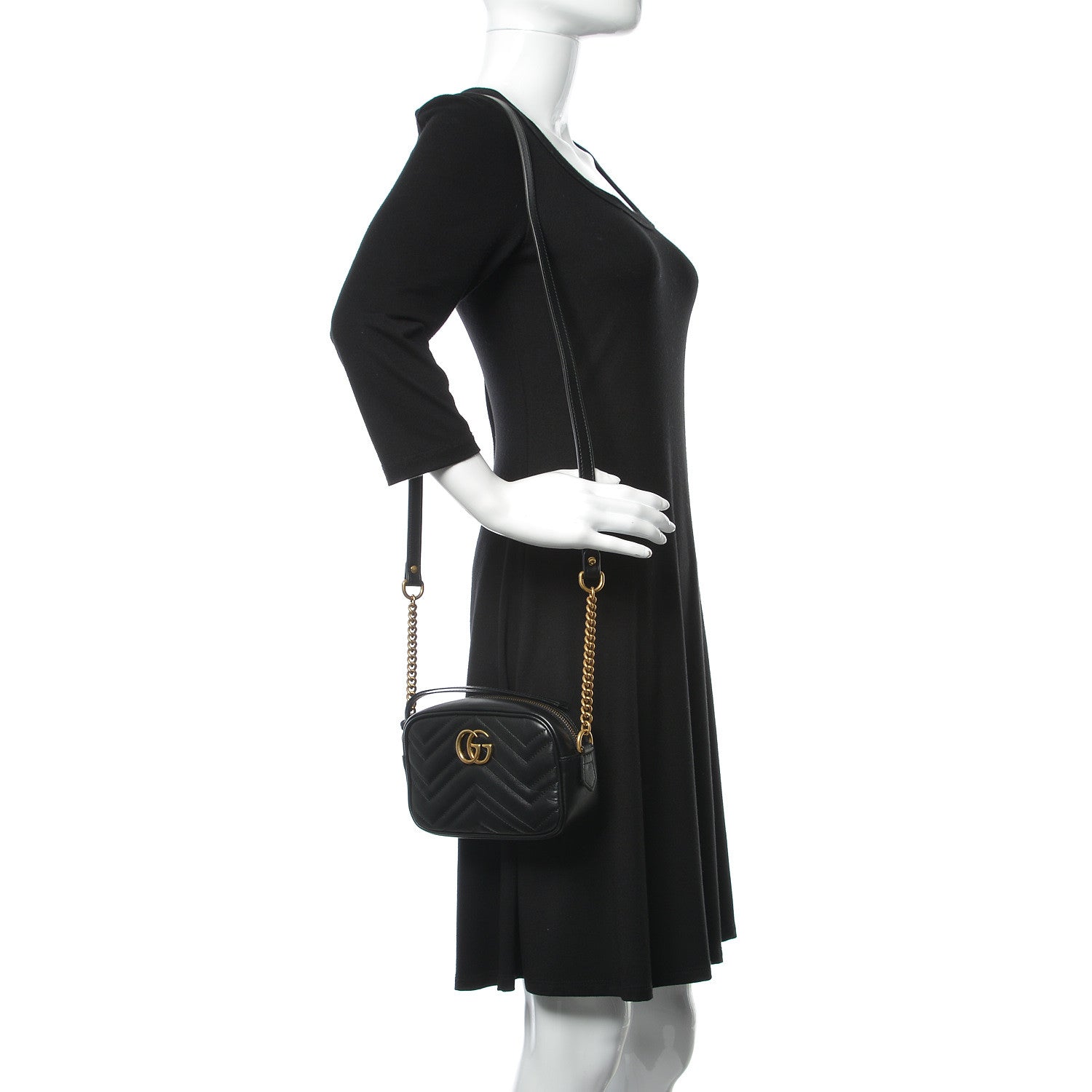 Gucci Calfskin Matelasse Mini GG Marmont Chain Shoulder Bag Black 2 of 9