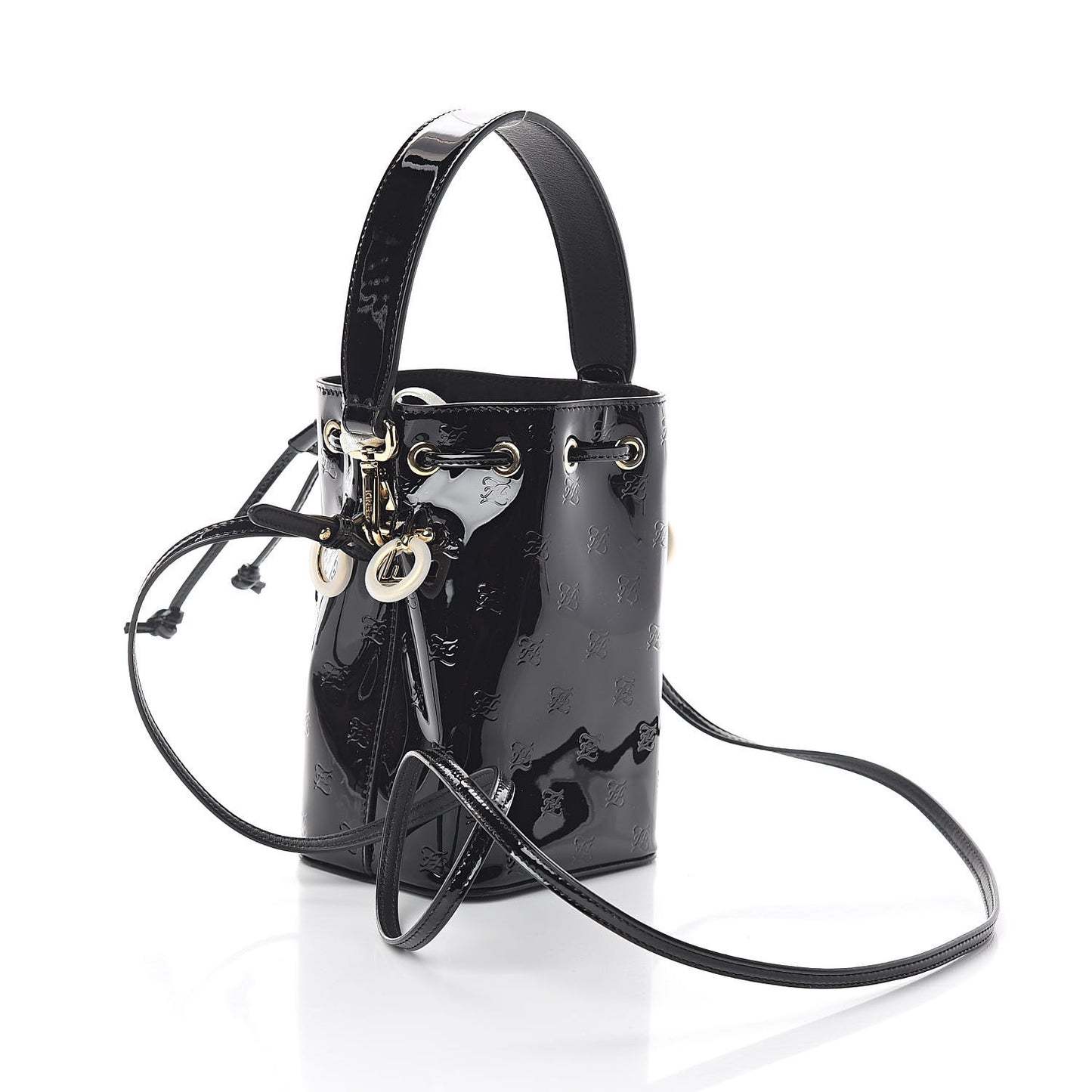 Vitello Vernice Mou F is Fendi Karligraphy Embossed Mini Mon Tresor Bucket Bag Black