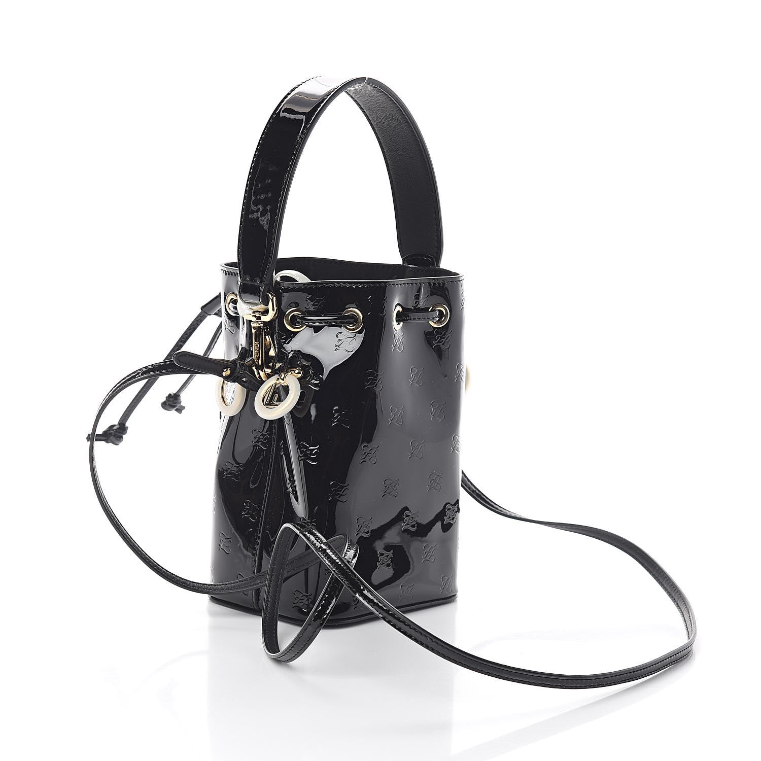 Fendi Vitello Vernice Mou F is Fendi Karligraphy Embossed Mini Mon Tresor Bucket Bag Black 3 of 8