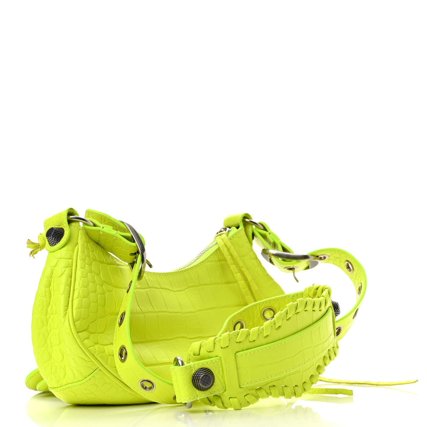 Extra Supple Calfskin Crocodile Embossed Le Cagole Shoulder Bag XS Fluo Yellow