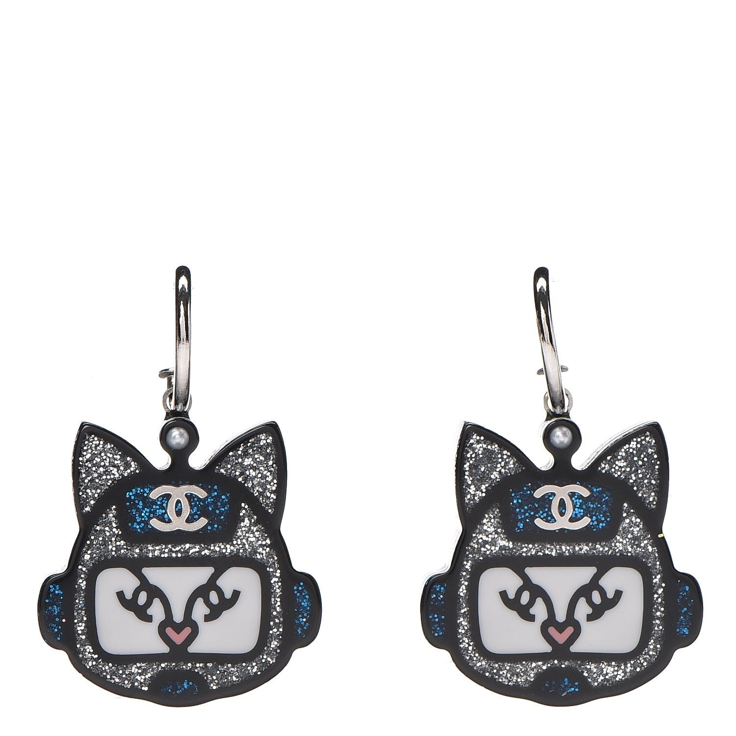 Chanel Resin Emoji Robot Cat Dangle Earrings Black Iridescent Grey 1 of 4
