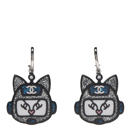 Chanel Resin Emoji Robot Cat Dangle Earrings Black Iridescent Grey 1 of 4