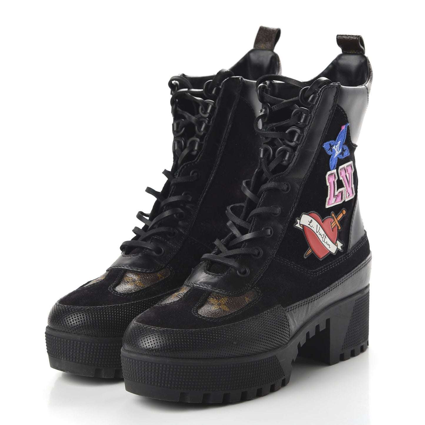 Suede Calfskin Monogram LV Black Heart Laureate Platform Desert Boots 39 Black