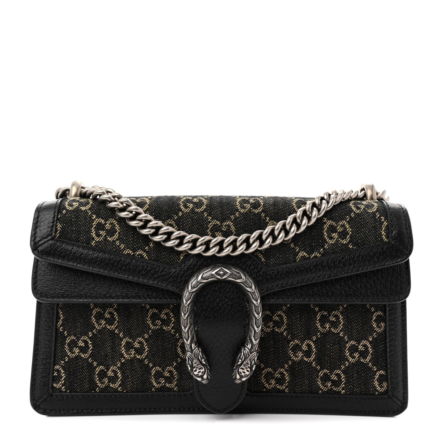 Gucci Jacquard Black Denim GG Monogram Textured Dollar Calfskin Small Dionysus Shoulder Bag Black Ivory 1 of 12