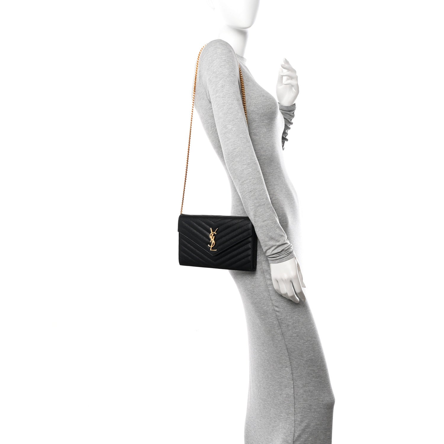 Saint Laurent Grain De Poudre Matelasse Chevron Monogram Chain Wallet Black 2 of 11