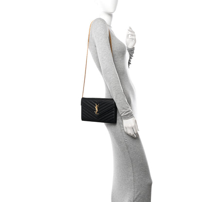 Saint Laurent Grain De Poudre Matelasse Chevron Monogram Chain Wallet Black 2 of 11