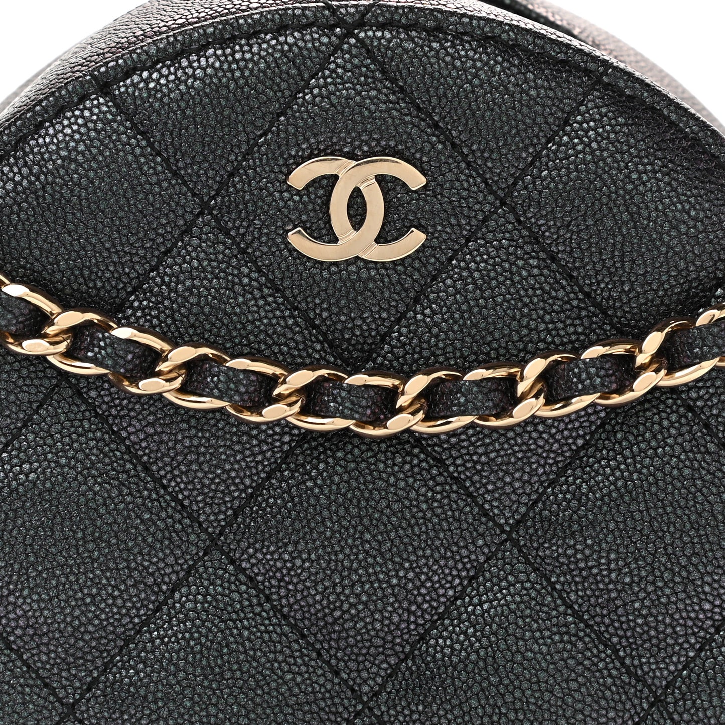 Iridescent Caviar Quilted Round Clutch With Chain Black