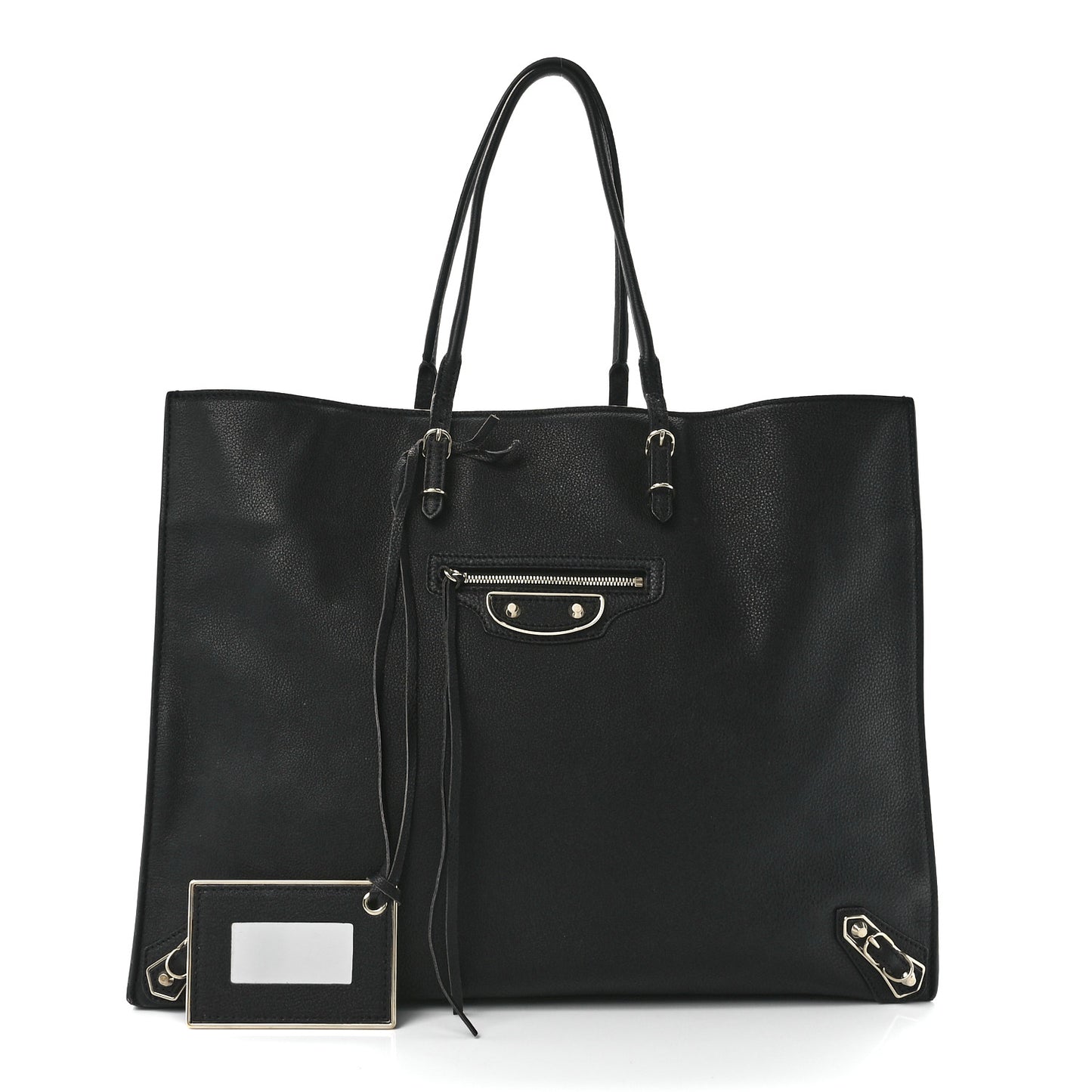 Grained Calfskin Silver Metallic Edge Hardware Papier A4 Tote Black