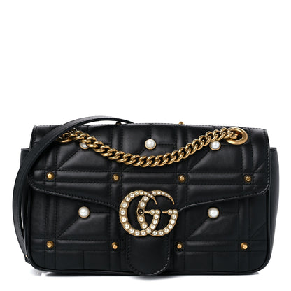 Gucci Calfskin Matelasse Studded Small Pearly GG Marmont Shoulder Bag Black 1 of 10