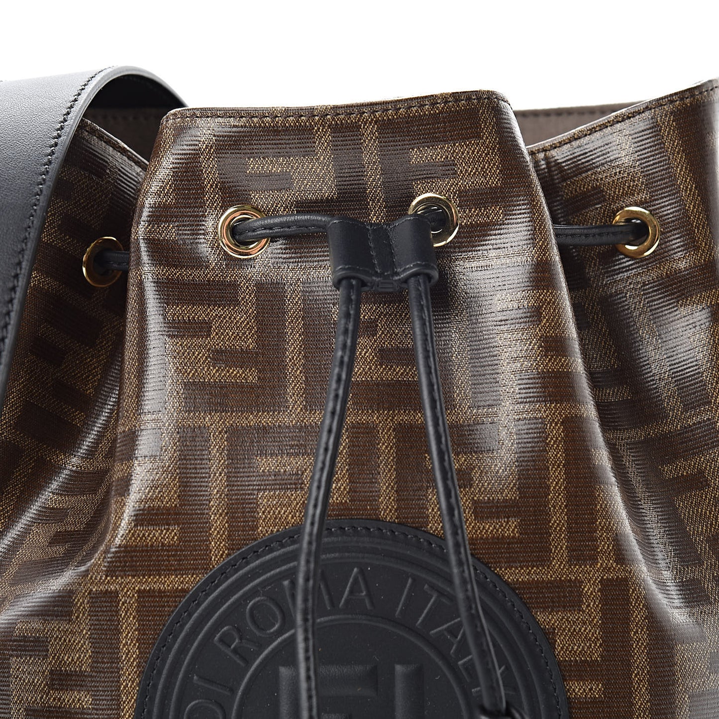 Glazed Fabric Vitello Grace F is Fendi FF 1974 Stamp Patch Grande Mon Tresor Bucket Bag Mogano Panna Black