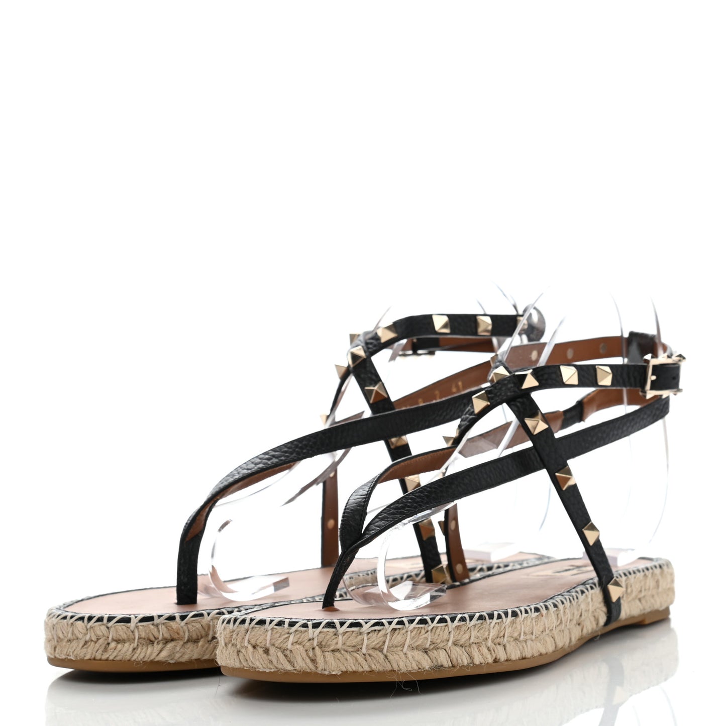 Pebbled Calfskin Rockstud Thong Espadrille Sandals 41 Black