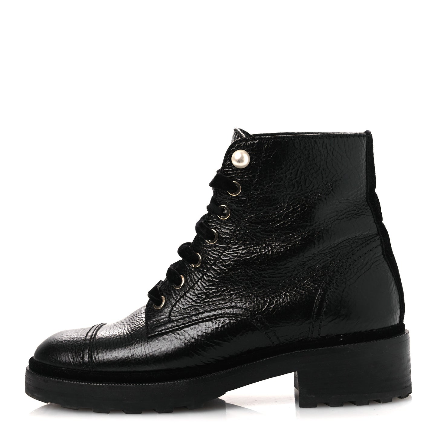 Shiny Calfskin Velvet Pearl Combat Short Boots 38 Black