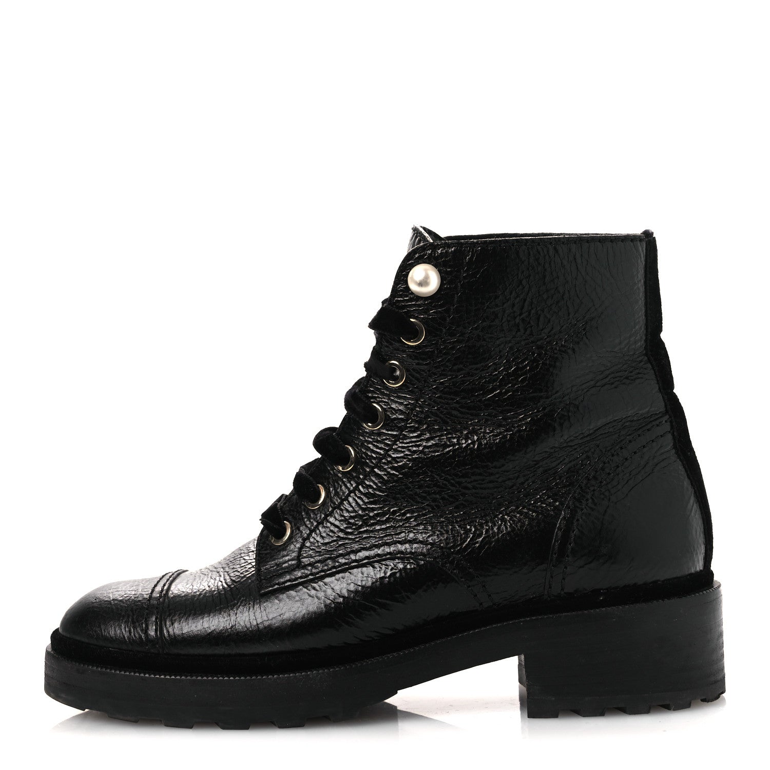 Chanel Shiny Calfskin Velvet Pearl Combat Short Boots 38 Black 1 of 14