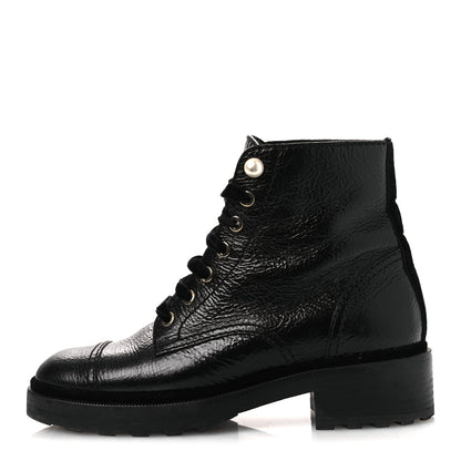 Chanel Shiny Calfskin Velvet Pearl Combat Short Boots 38 Black 1 of 14