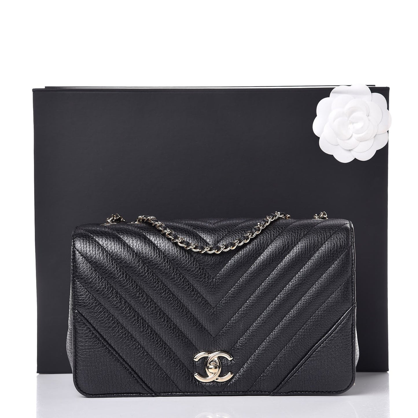 Metallic Calfskin Chevron Quilted Small Statement Flap Black