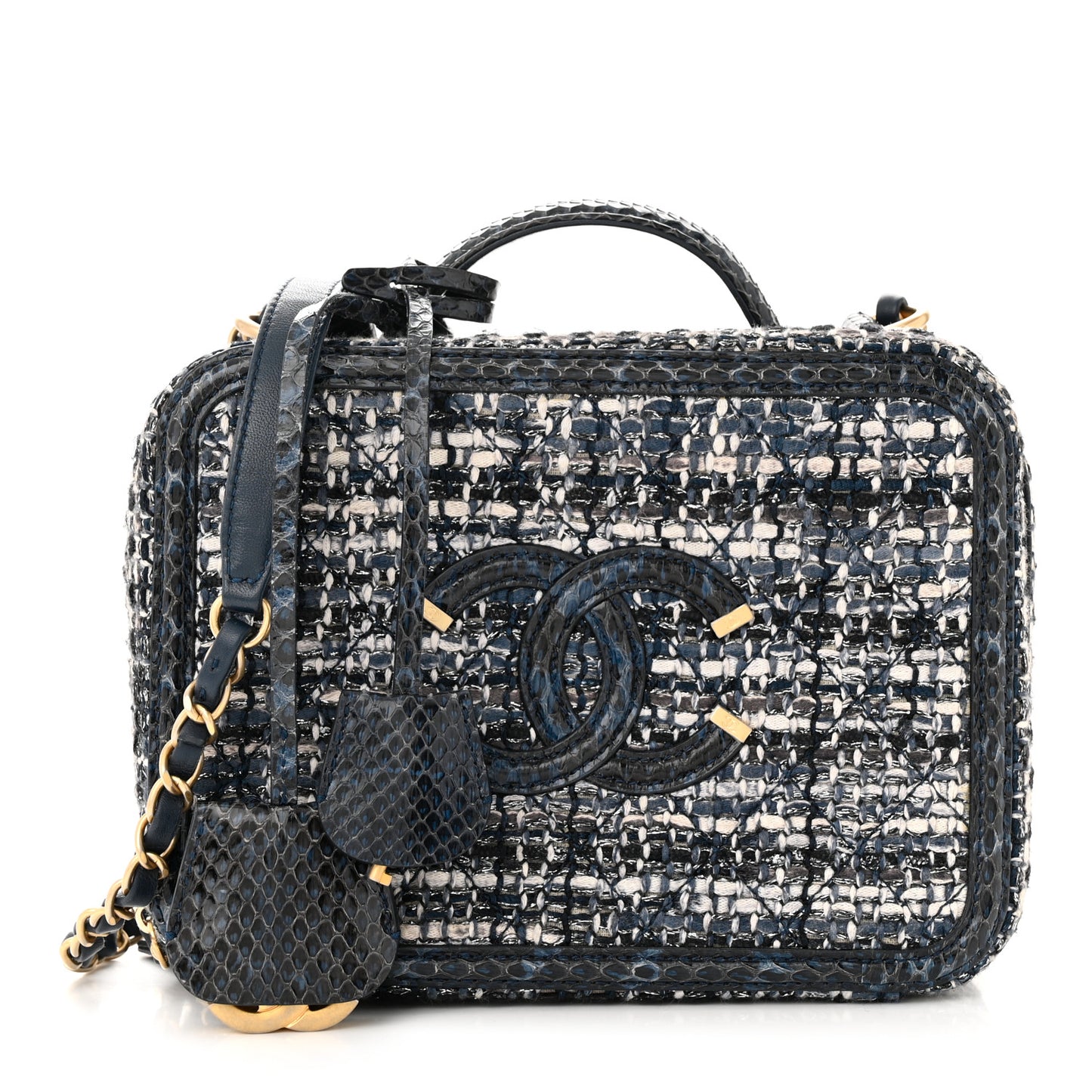 Tweed Snakeskin Quilted Medium CC Filigree Vanity Case Dark Navy