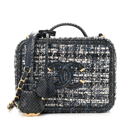 Chanel Tweed Snakeskin Quilted Medium CC Filigree Vanity Case Dark Navy 1 of 10