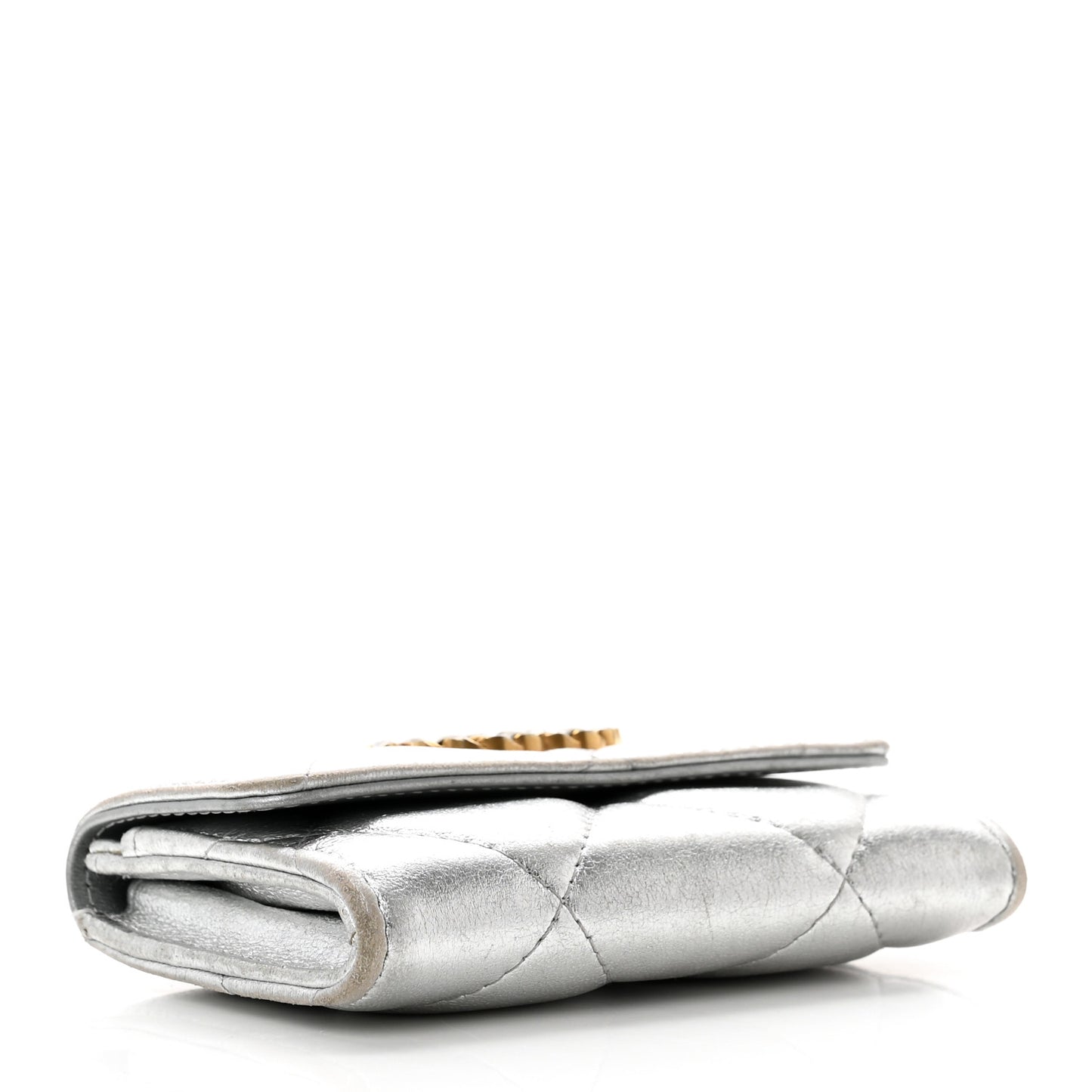 Metallic Lambskin Quilted Chanel 19 Flap Card Holder Silver