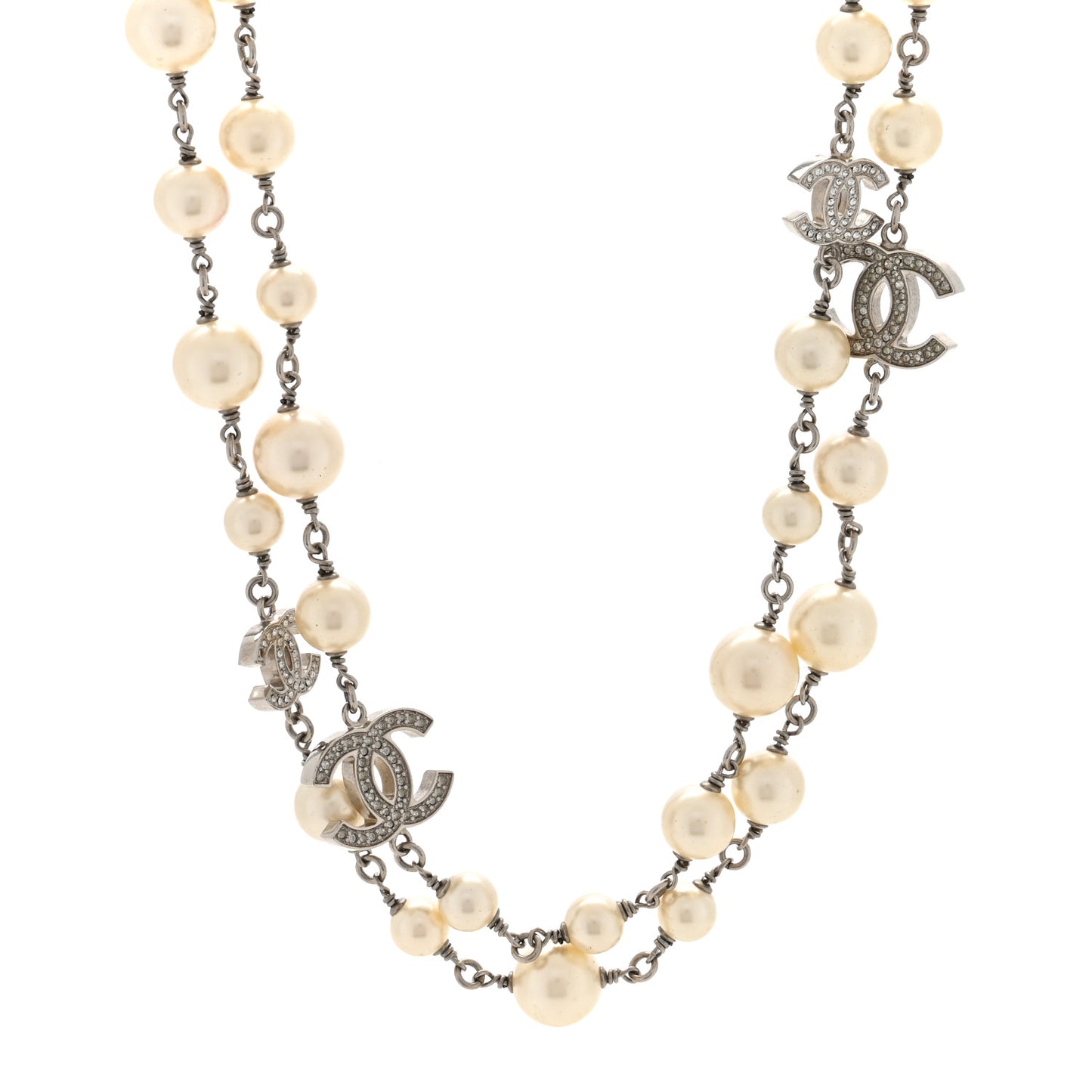 Pearl Crystal CC Long Necklace Silver