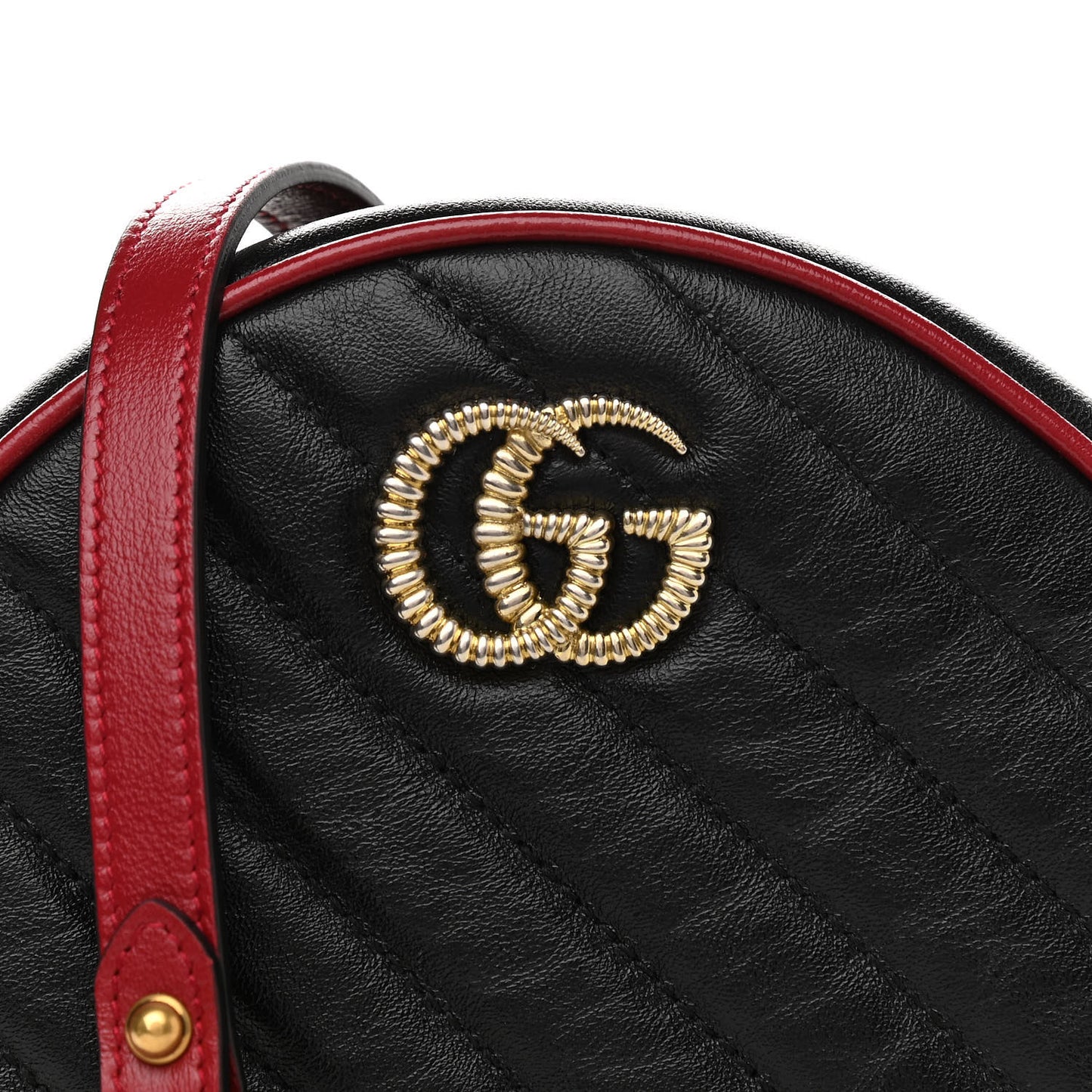 Vintage Effect Calfskin Matelasse Diagonal Mini Torchon GG Marmont Round Shoulder Bag Black Romantic Cherry
