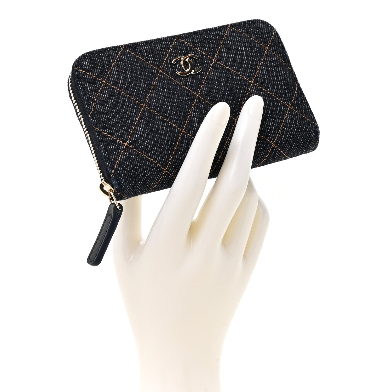 Chanel Denim Quilted Zip Coin Purse Dark Blue Orange 2 of 9