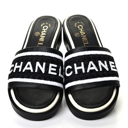 Chanel Lambskin Embroidered CC Mule Sandal 37 Black White 5 of 11
