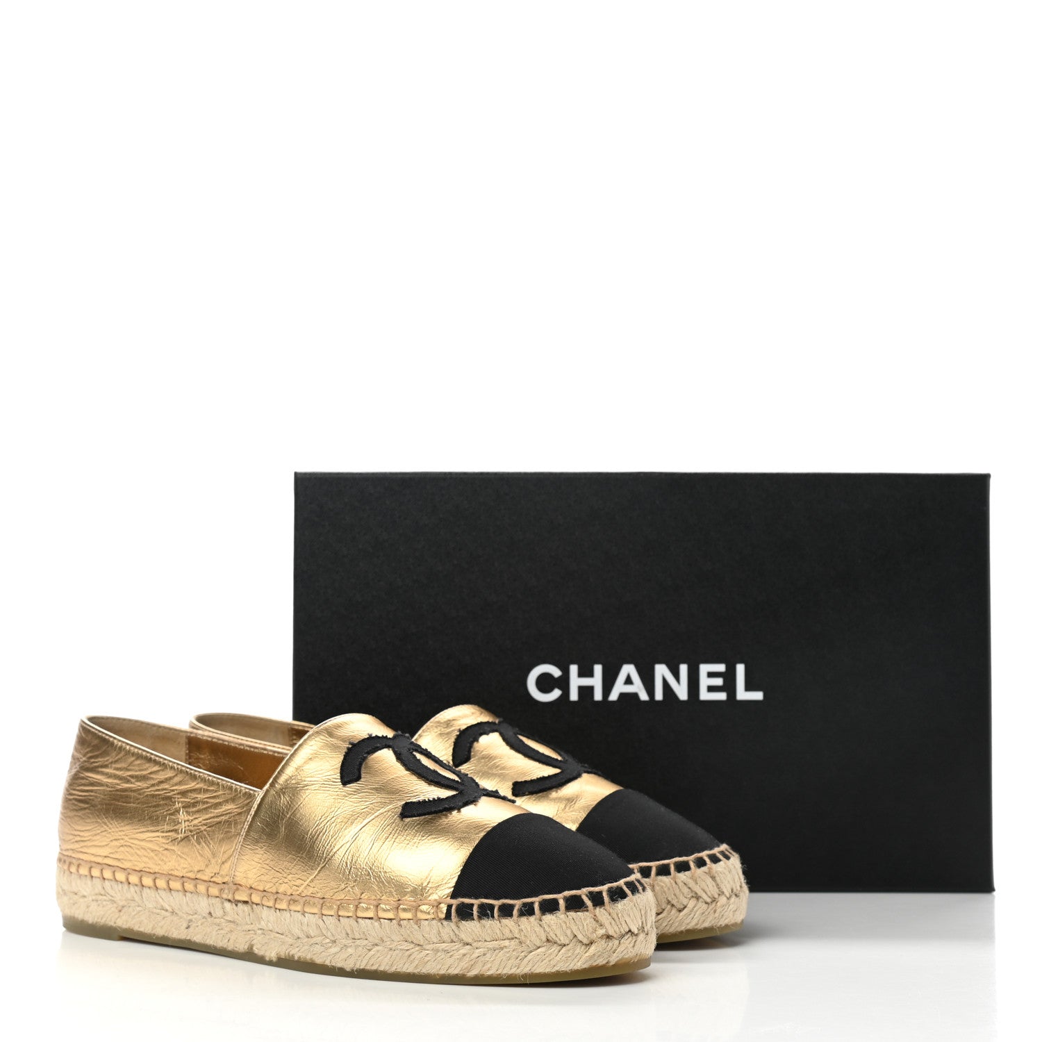 Chanel Laminated Lambskin Grosgrain CC Espadrilles 37 Gold Black 10 of 10