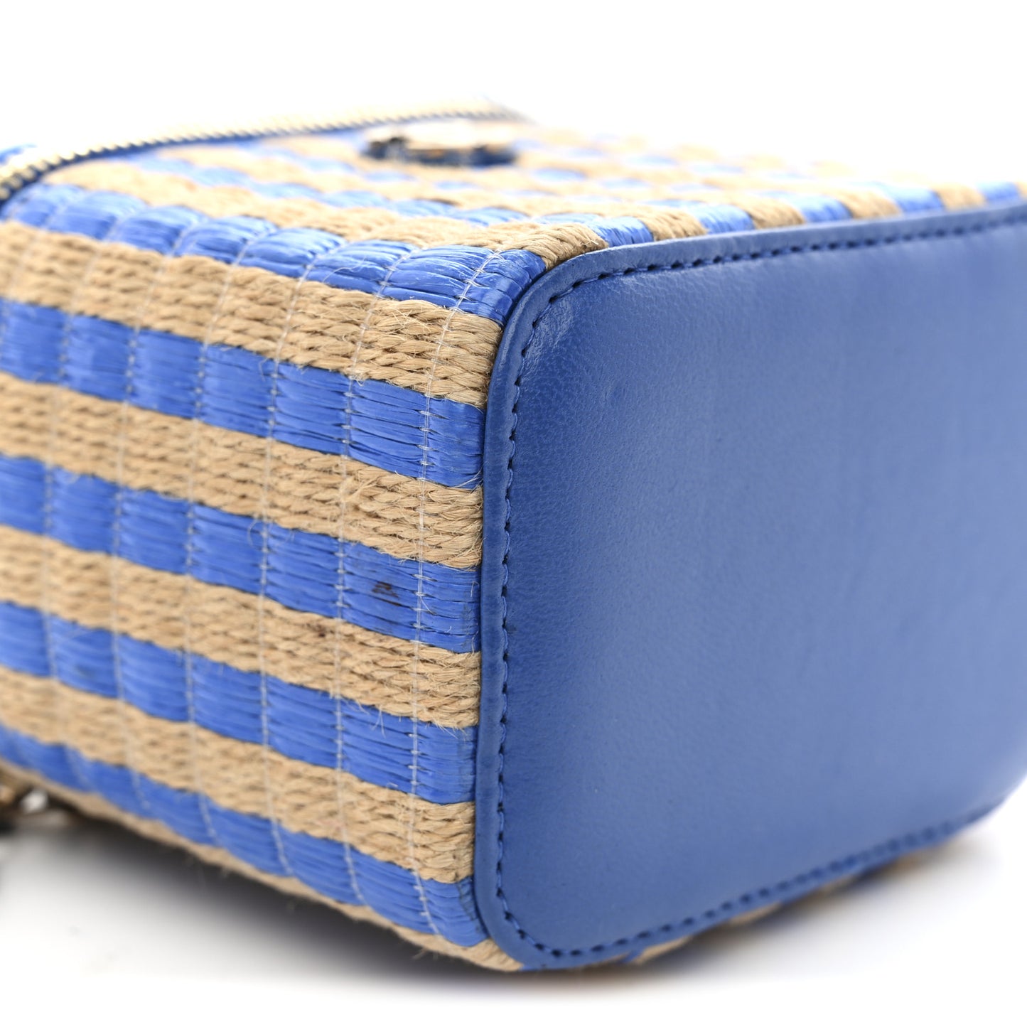 Raffia Jute Striped Mini Vanity Case With Chain Blue Beige