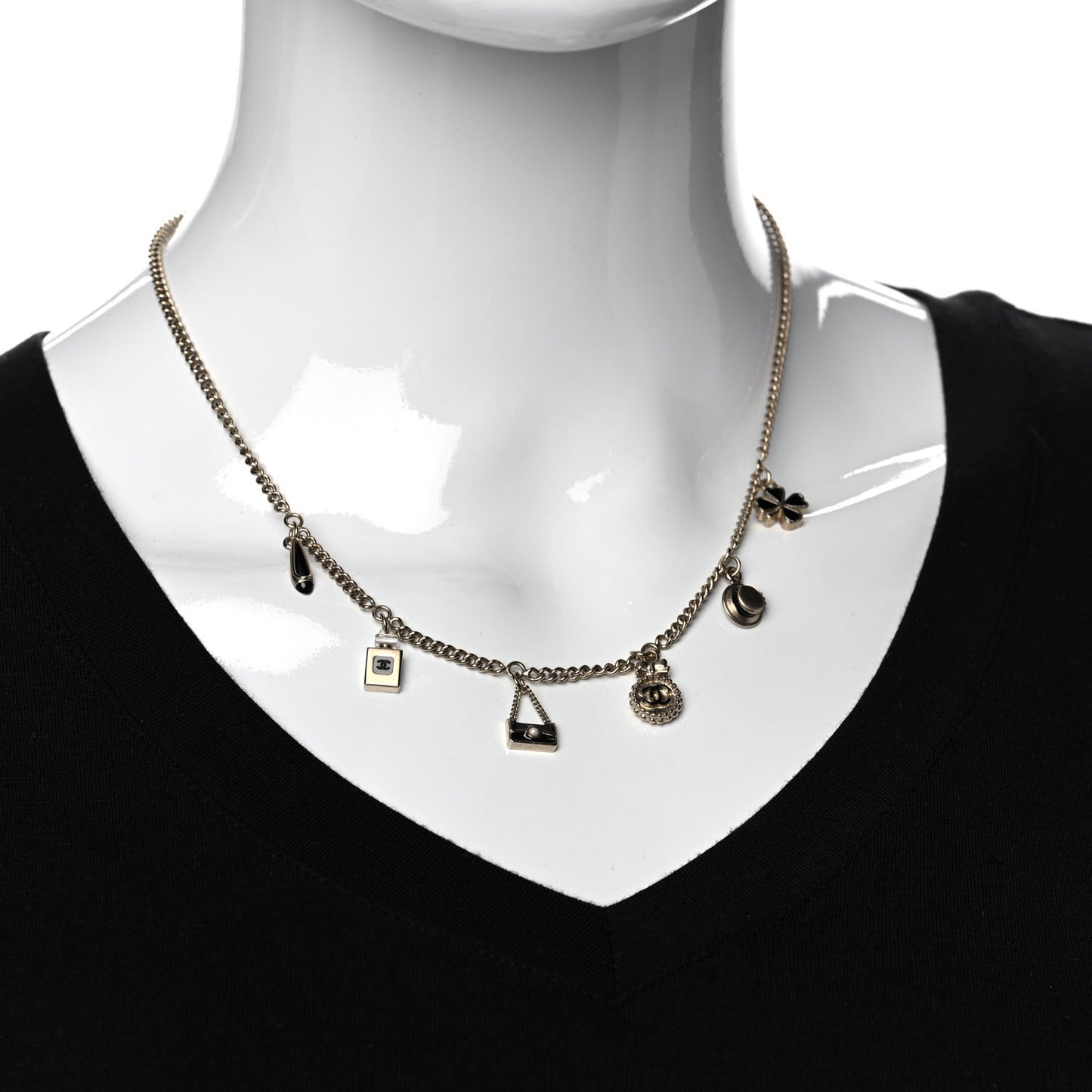 Enamel CC Charm Necklace Black Gold