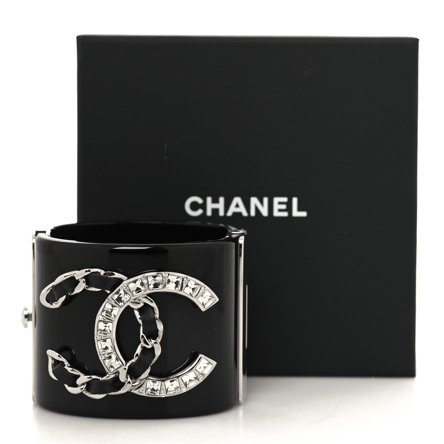 Resin Lambskin Baguette Crystal CC Chain Cuff Bracelet S Black