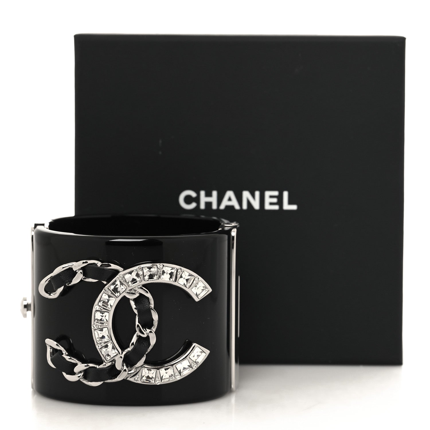 Chanel Resin Lambskin Baguette Crystal CC Chain Cuff Bracelet S Black 5 of 5